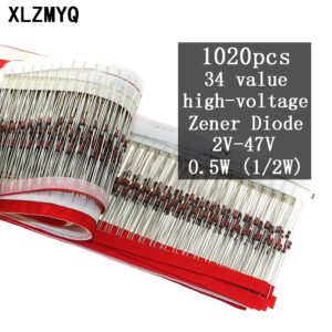 1020pcs Zener Diode Assorted Kit 2V 2.2V 3V 3.3V 3.6V 5.1V 5.6V 10V 12V 13V 15V 20V 24V 30 47V 0.5W Diode Kit Assortment Set