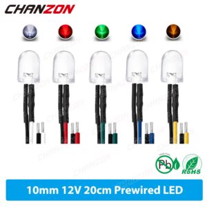 10Pcs 10mm Prewired LED Diode 12V 20cm Warm White Red Green Blue Yellow 5 9 12 V 0.25W Pre Wired with Resistor Light Emitting
