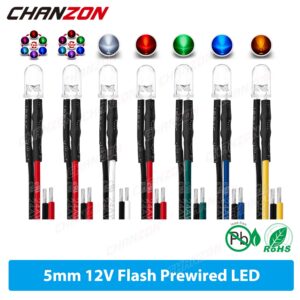 20Pcs 12V 5mm LED Diode Flash White Red Green Blue Yellow RGB Fast Slow Blinking Flicker Prewired Light Emitting Indicator Lamp