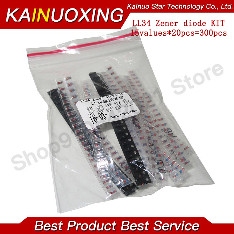 300pcs=15values X 20pcs ZMM5V1 3V 3V3 3V9 4V7 5V1 7V5 8V2 10V 12V 15V 16V 18V 20V 24V 1N4148 LL34 1/2W Zener SMD diode LL34 KIT