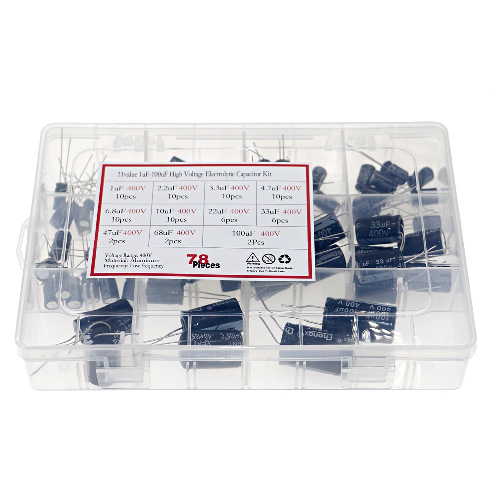 78pcs 11 Values 1uF -100uF 400V High Voltage Aluminum Electrolytic Capacitor Assortment Box Kit - Image 4