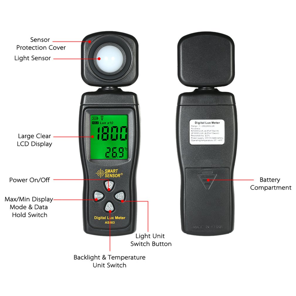 AS803 Smart Digital Light Meter Luminosity Checker Light Meter 1-200000 Lux Tools Photometer Spectrometer Actinometer - Image 2