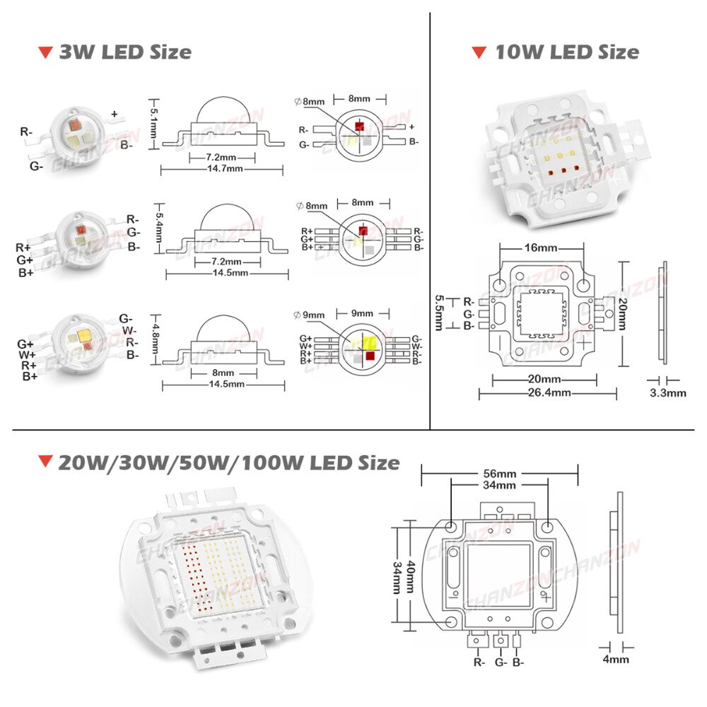 High Power LED Chip RGB / RGBW 3W 10W 20W 30W 50W 100W Red Green Blue White Diode 3 10 20 30 50 100 W Watt COB for Lamp Light - Image 2
