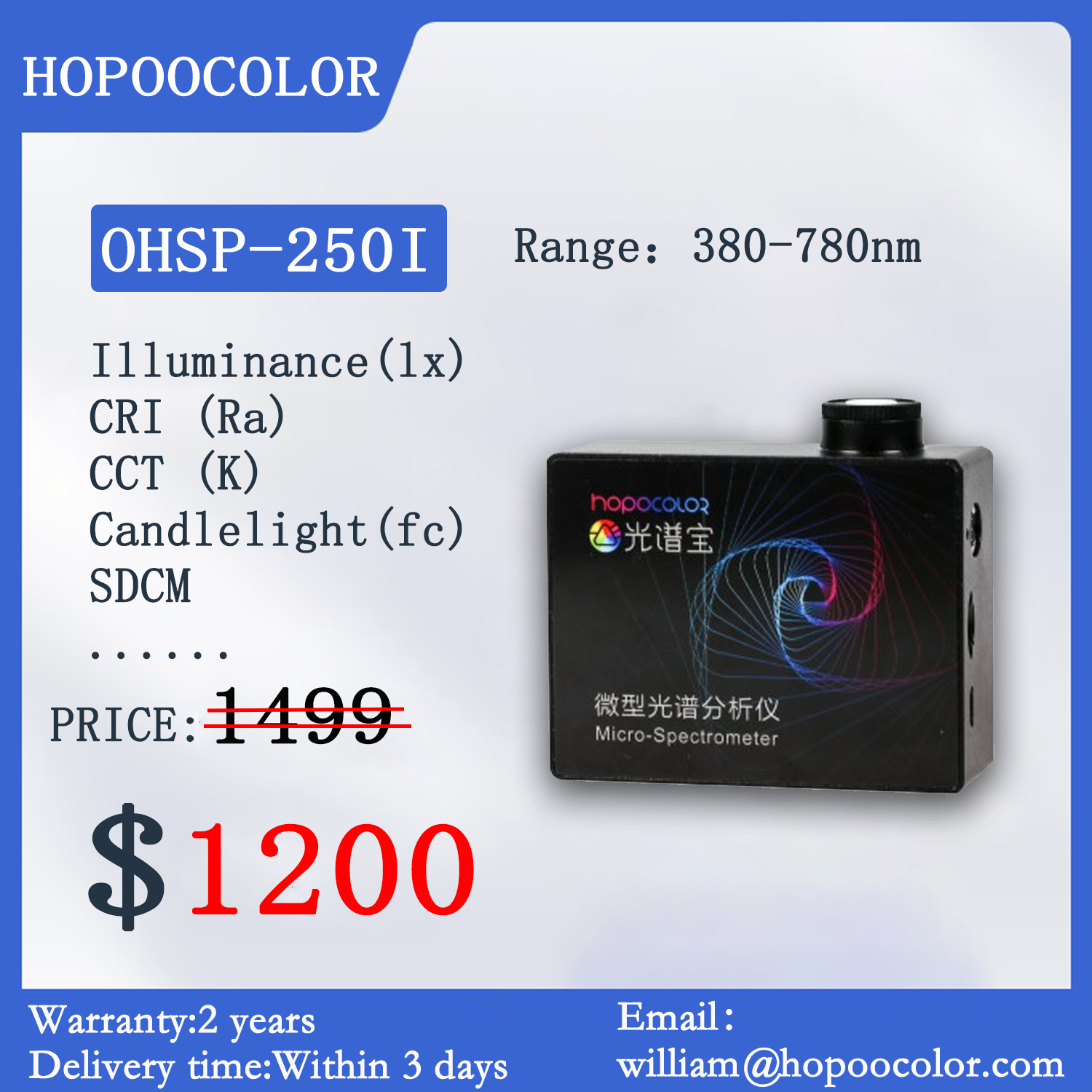 Lux spectrometer HPCS250I rs485 spectrometer for Led Light Test meter Color temperature meter Color rendering index