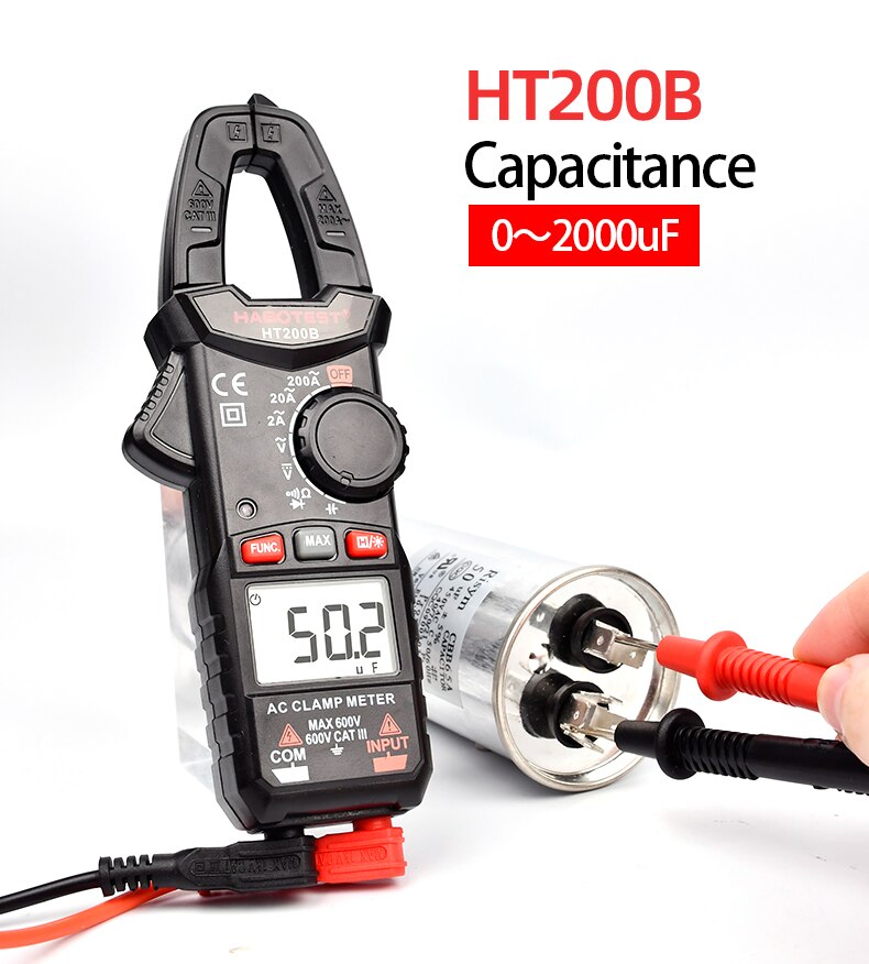 Mini DC Current Clamps T-RMS Digital Clamp Meter Auto Range AC Pinza Amperometrica Ohm Diode Capacitor Tester HT200 Clipon Meter - Image 4