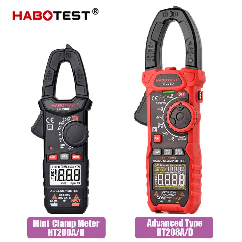 Mini DC Current Clamps T-RMS Digital Clamp Meter Auto Range AC Pinza Amperometrica Ohm Diode Capacitor Tester HT200 Clipon Meter