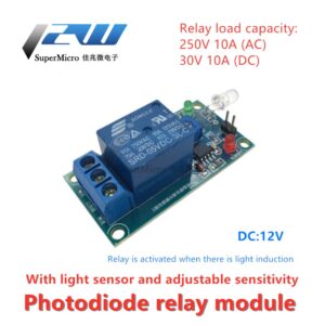 Photodiode relay control module, light control switch with light sensing module, light absorption 12V