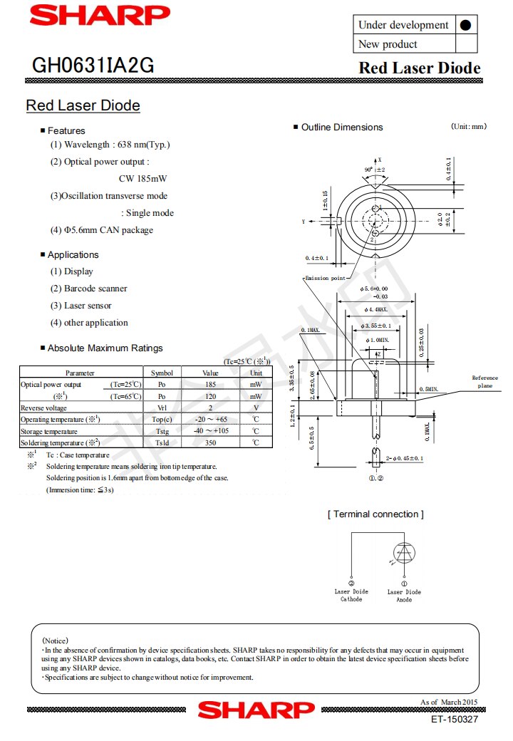 Sharp GH0631IA2GC 5.6mm Red 638nm 180mW 185mw Laser Diode for RGB Projectors(Single Mode) - Image 5