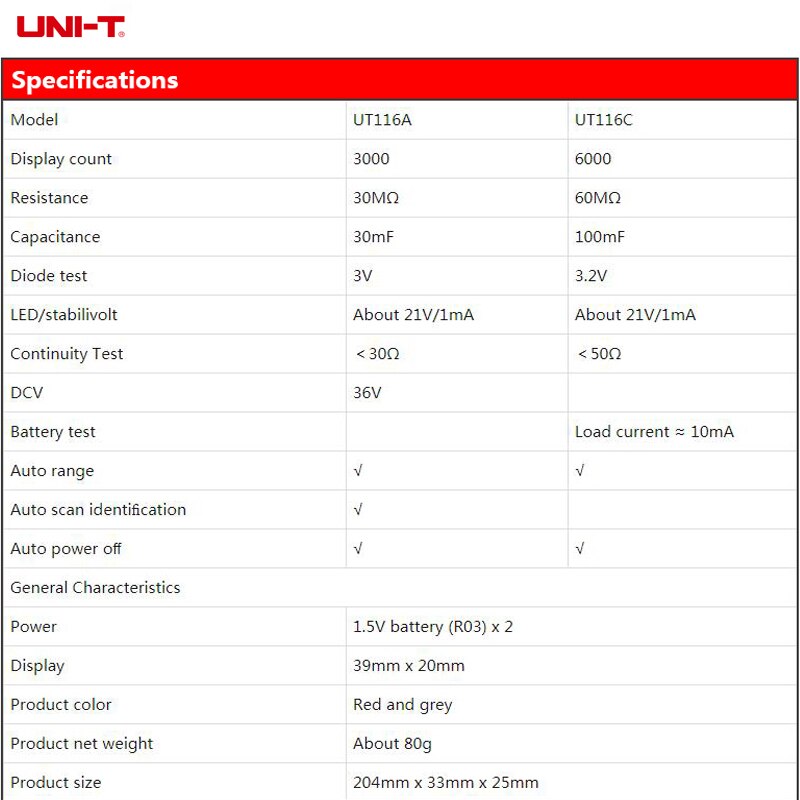 UNI-T SMD Multimeter UT116A UT116C Auto Range Resistance Capacitance Diode(RCD) LED Zener DCV Continuity Battery Tester Meter - Image 4