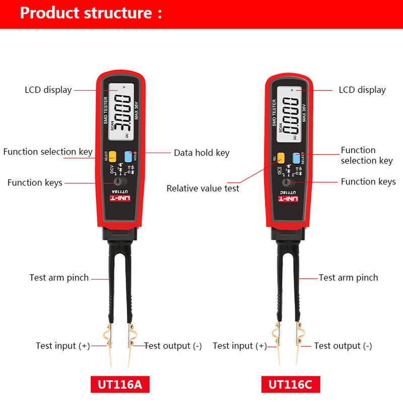 UNI-T SMD Multimeter UT116A UT116C Auto Range Resistance Capacitance Diode(RCD) LED Zener DCV Continuity Battery Tester Meter - Image 3