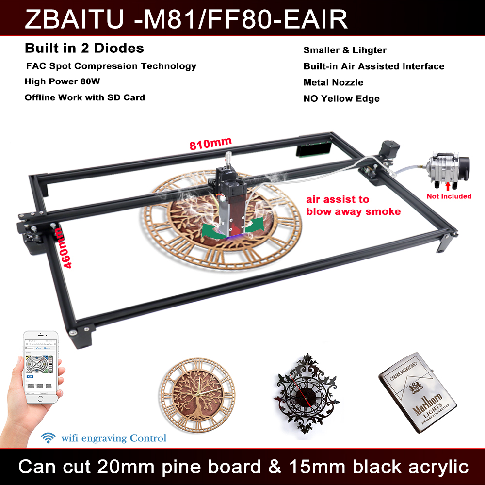 Wireless Laser Engraver Cutter Wood Cutting Engraving Machine Router ZBAITU 81X46CM 80W Air Assisted Laser Module